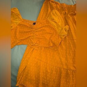 SHEIN Yellow Two-Piece Set Ruched Bell Sleeve Crop Top with Maxi Skirt